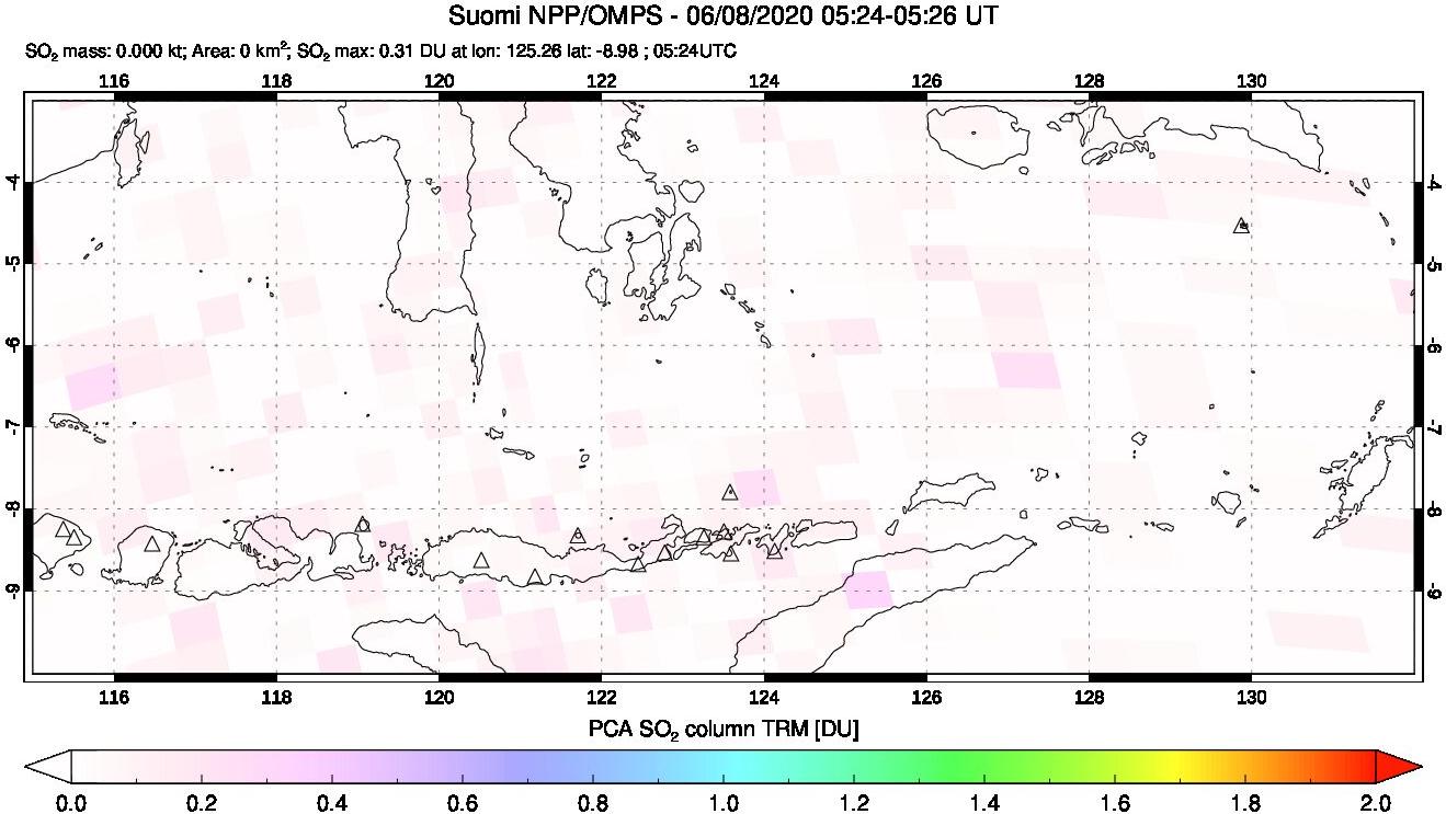 A sulfur dioxide image over Lesser Sunda Islands, Indonesia on Jun 08, 2020.