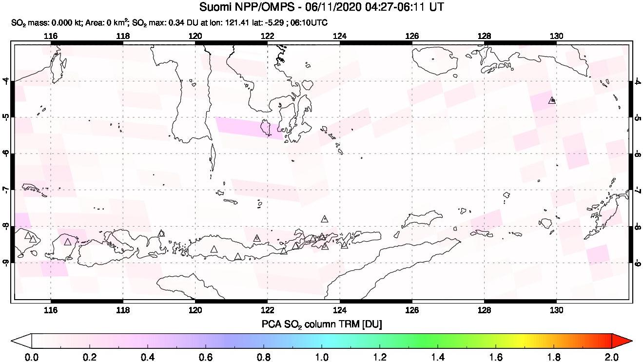 A sulfur dioxide image over Lesser Sunda Islands, Indonesia on Jun 11, 2020.