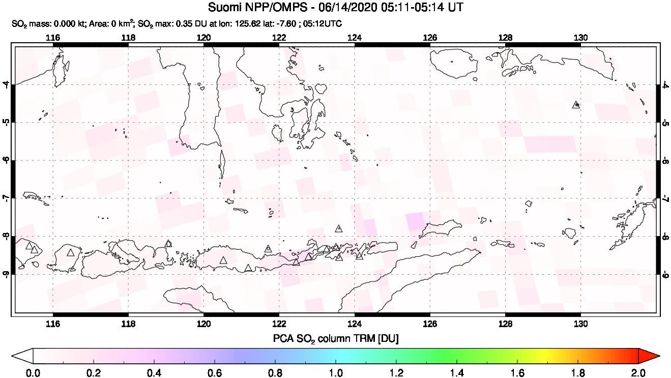 A sulfur dioxide image over Lesser Sunda Islands, Indonesia on Jun 14, 2020.