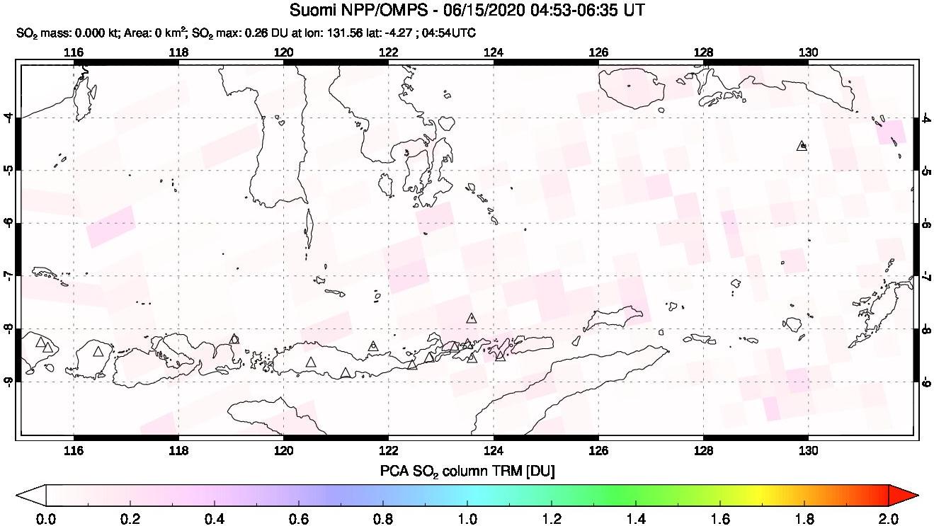 A sulfur dioxide image over Lesser Sunda Islands, Indonesia on Jun 15, 2020.