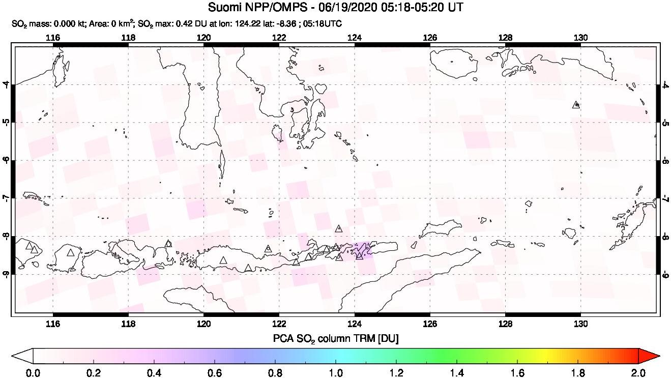 A sulfur dioxide image over Lesser Sunda Islands, Indonesia on Jun 19, 2020.