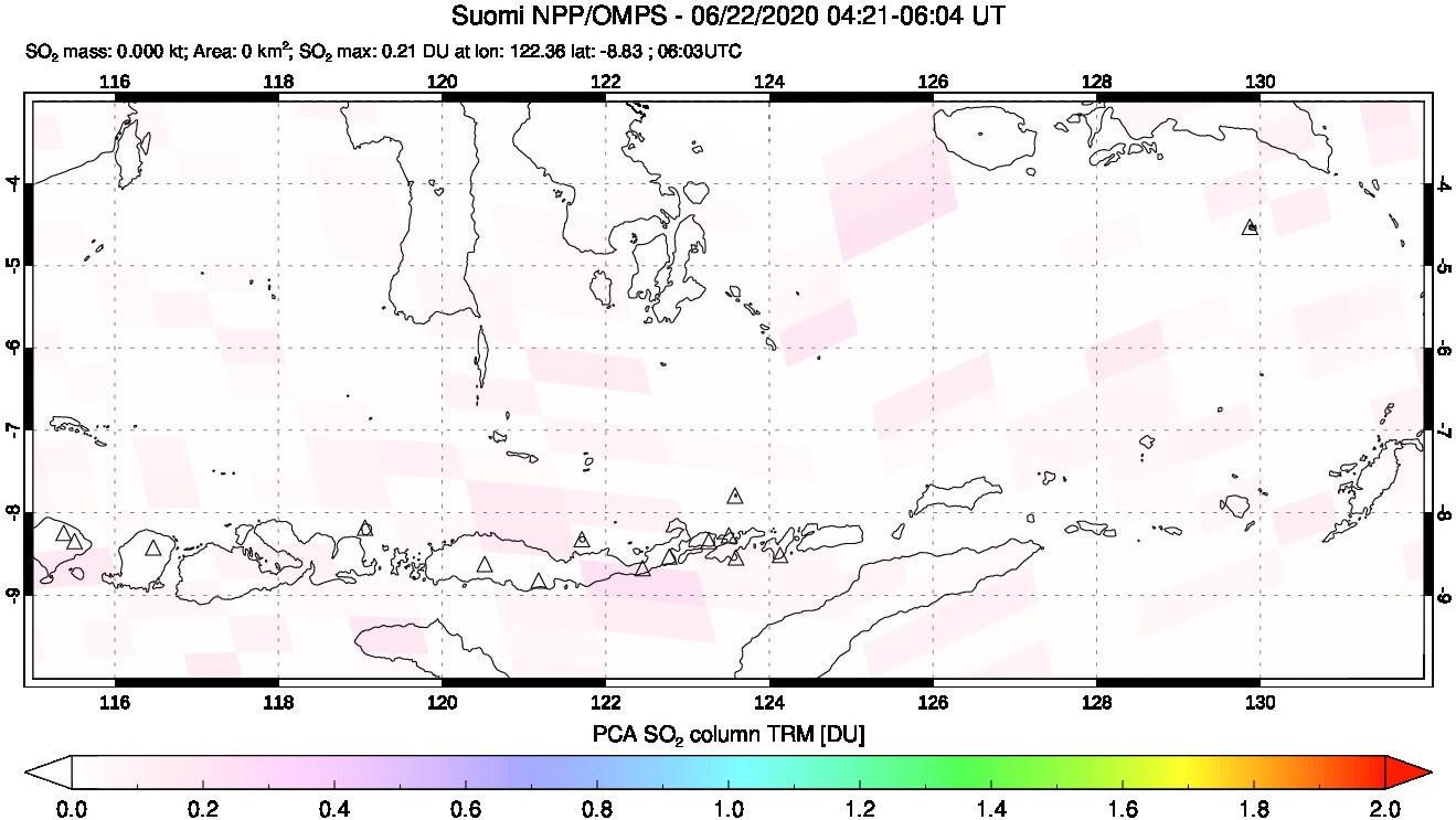 A sulfur dioxide image over Lesser Sunda Islands, Indonesia on Jun 22, 2020.