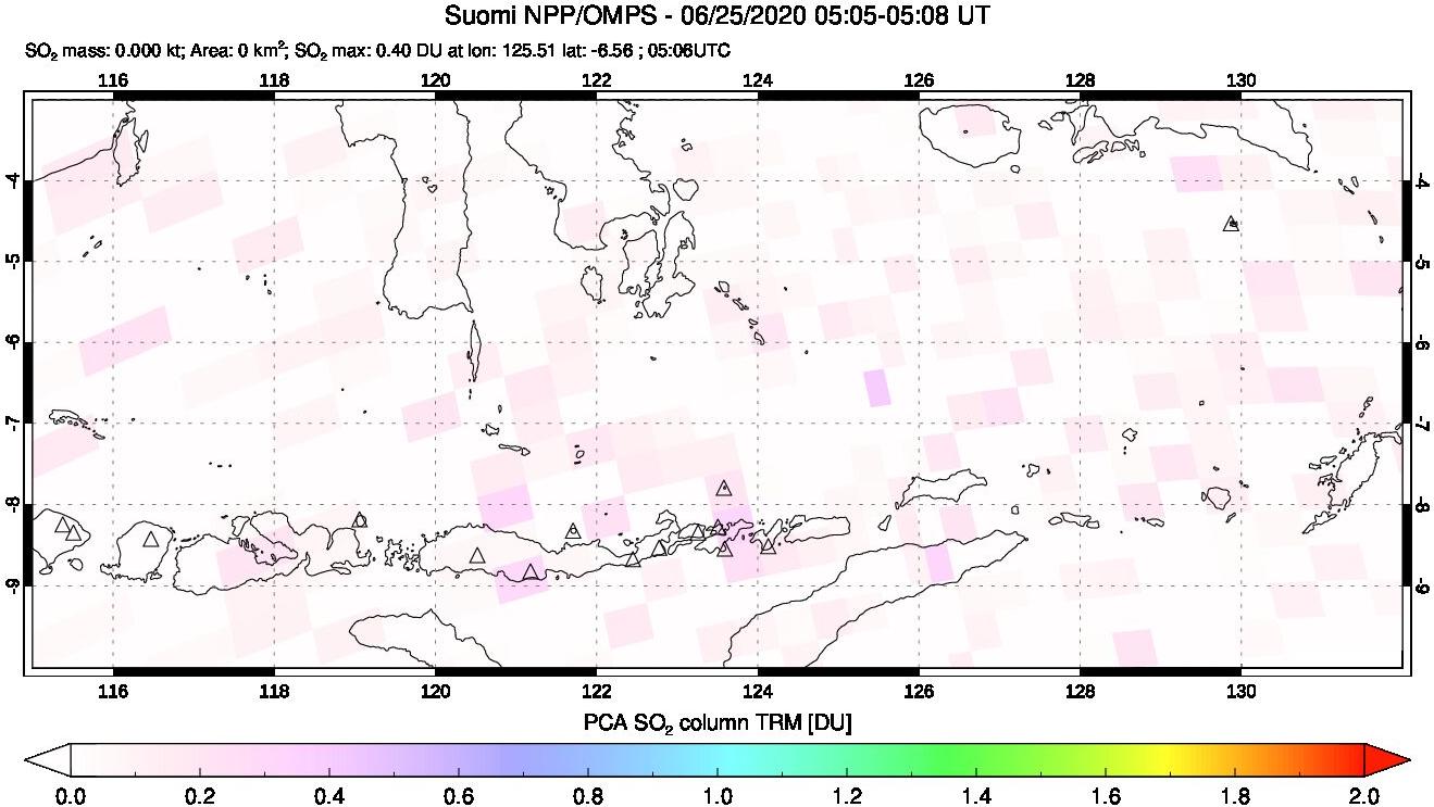 A sulfur dioxide image over Lesser Sunda Islands, Indonesia on Jun 25, 2020.