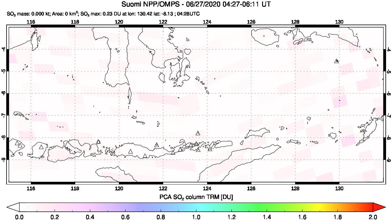A sulfur dioxide image over Lesser Sunda Islands, Indonesia on Jun 27, 2020.