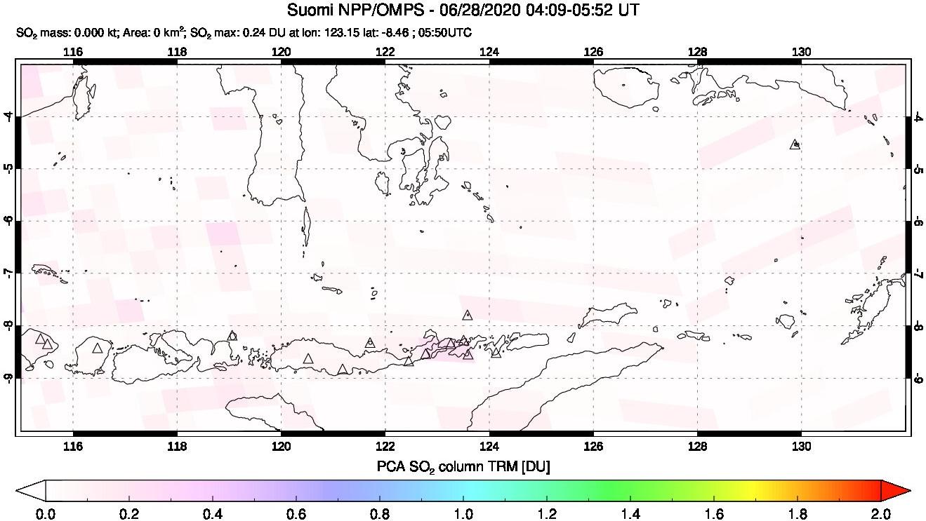 A sulfur dioxide image over Lesser Sunda Islands, Indonesia on Jun 28, 2020.