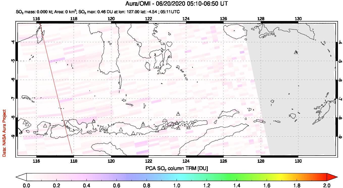 A sulfur dioxide image over Lesser Sunda Islands, Indonesia on Jun 20, 2020.