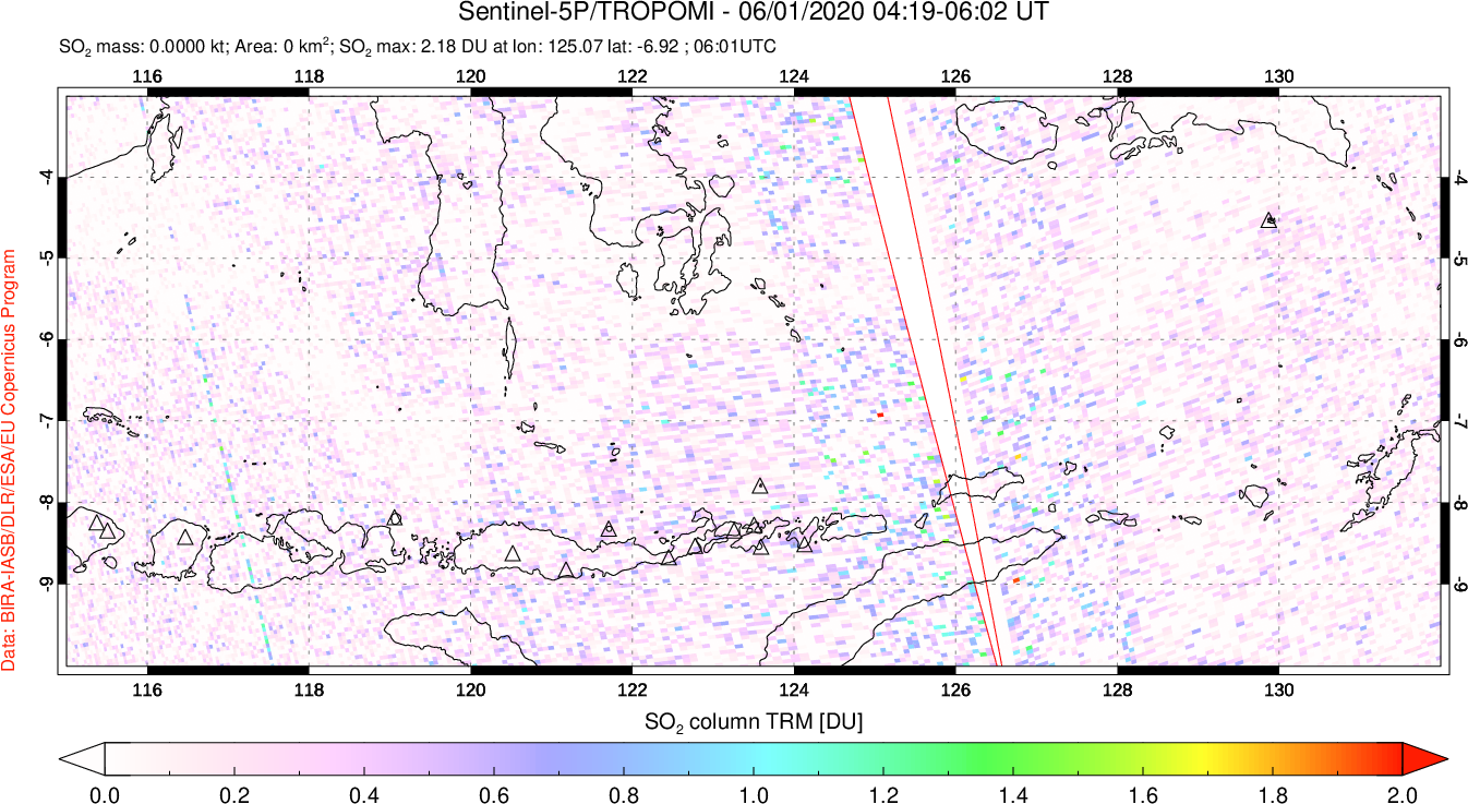 A sulfur dioxide image over Lesser Sunda Islands, Indonesia on Jun 01, 2020.