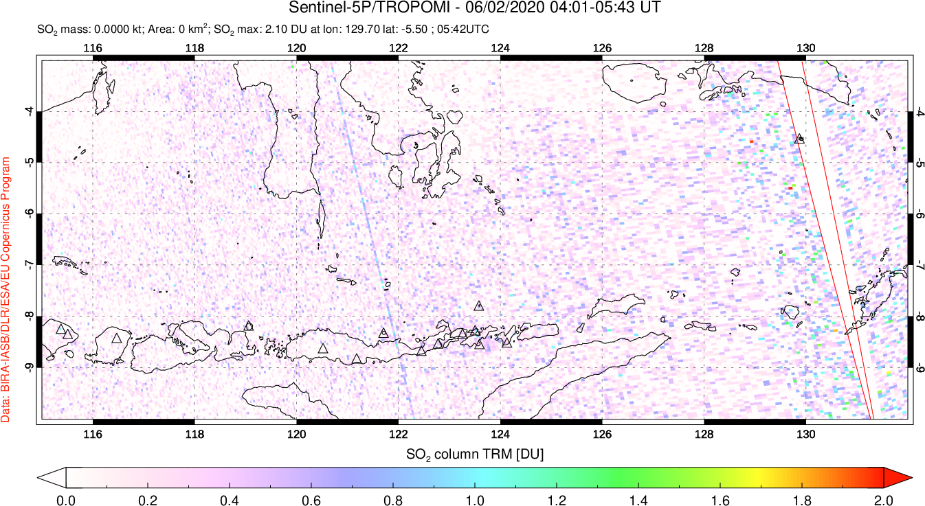 A sulfur dioxide image over Lesser Sunda Islands, Indonesia on Jun 02, 2020.