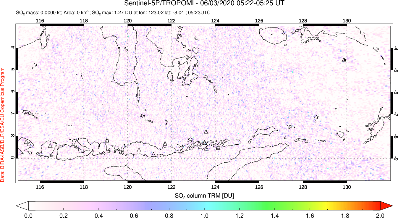 A sulfur dioxide image over Lesser Sunda Islands, Indonesia on Jun 03, 2020.