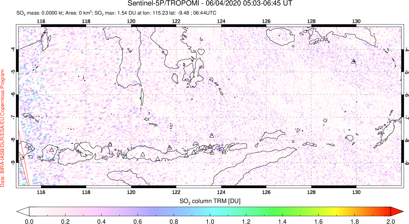 A sulfur dioxide image over Lesser Sunda Islands, Indonesia on Jun 04, 2020.