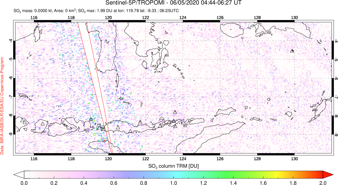 A sulfur dioxide image over Lesser Sunda Islands, Indonesia on Jun 05, 2020.
