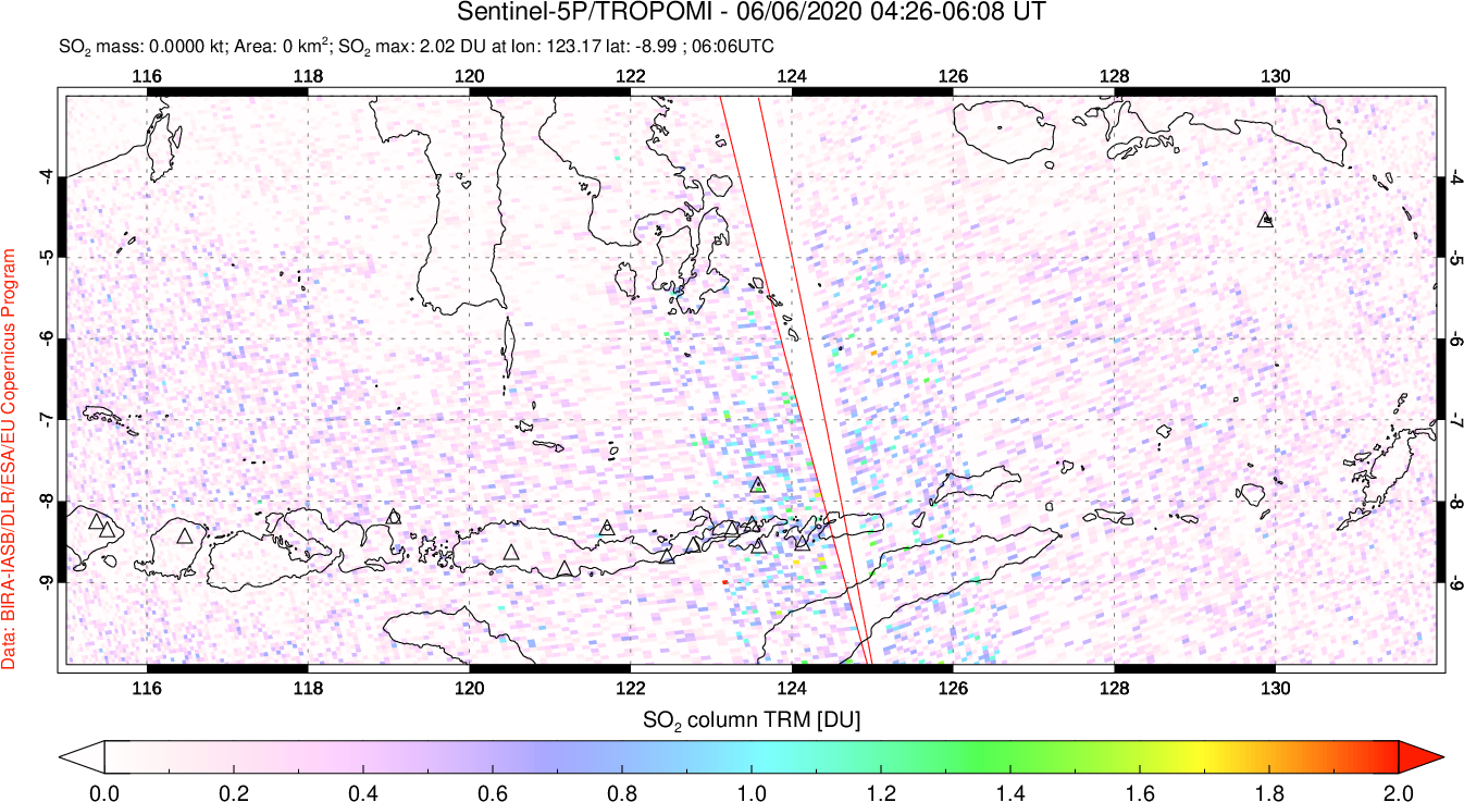 A sulfur dioxide image over Lesser Sunda Islands, Indonesia on Jun 06, 2020.