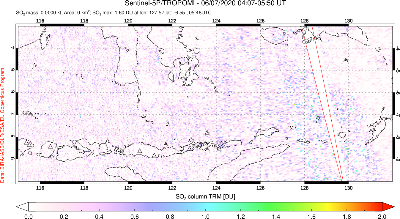 A sulfur dioxide image over Lesser Sunda Islands, Indonesia on Jun 07, 2020.