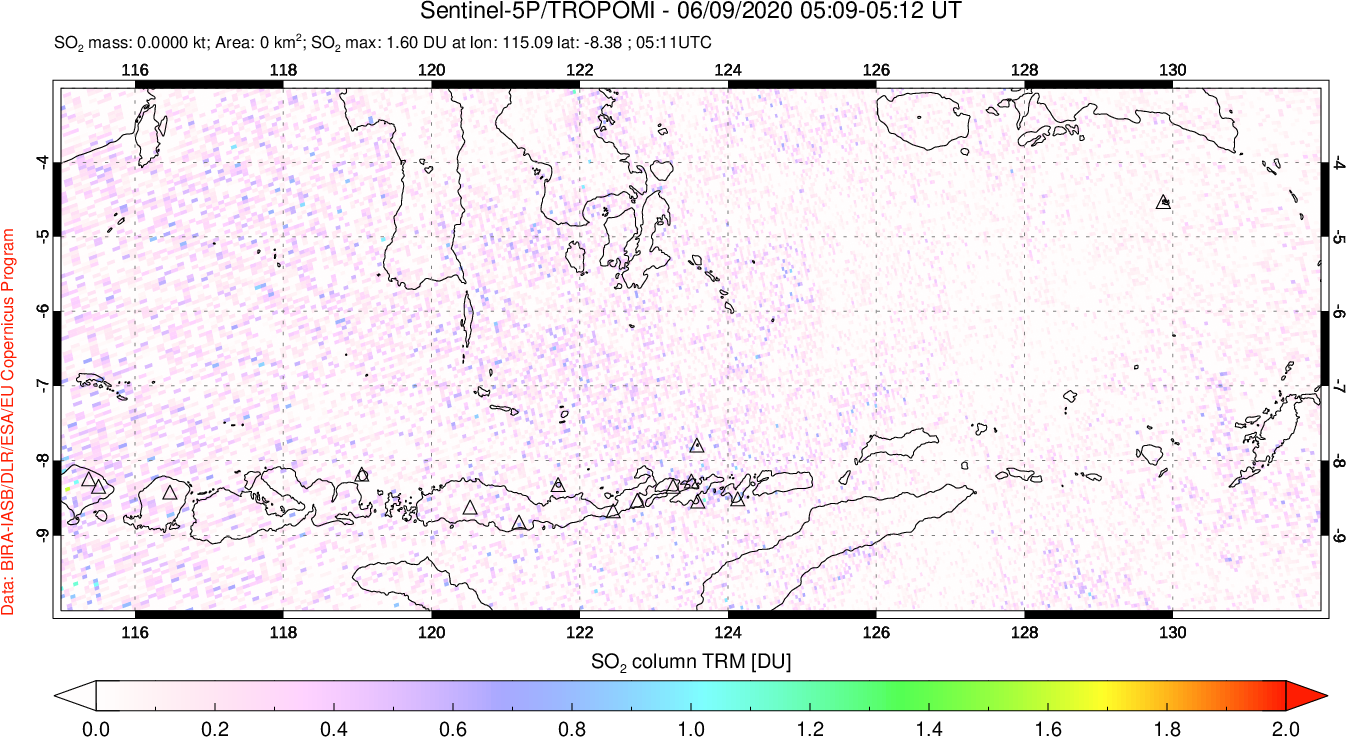 A sulfur dioxide image over Lesser Sunda Islands, Indonesia on Jun 09, 2020.