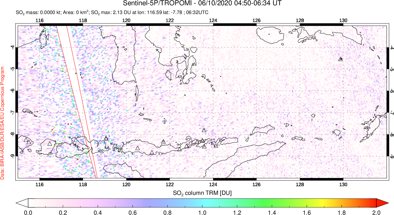 A sulfur dioxide image over Lesser Sunda Islands, Indonesia on Jun 10, 2020.