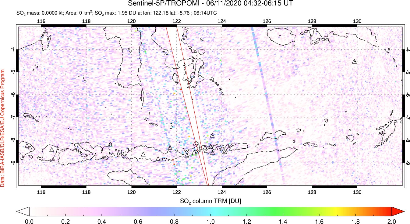 A sulfur dioxide image over Lesser Sunda Islands, Indonesia on Jun 11, 2020.
