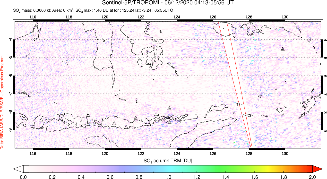 A sulfur dioxide image over Lesser Sunda Islands, Indonesia on Jun 12, 2020.