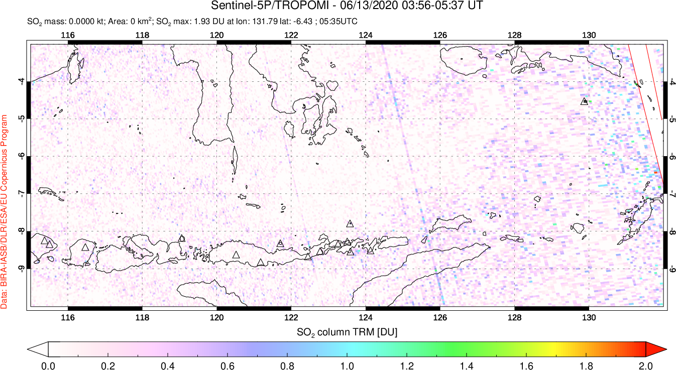 A sulfur dioxide image over Lesser Sunda Islands, Indonesia on Jun 13, 2020.
