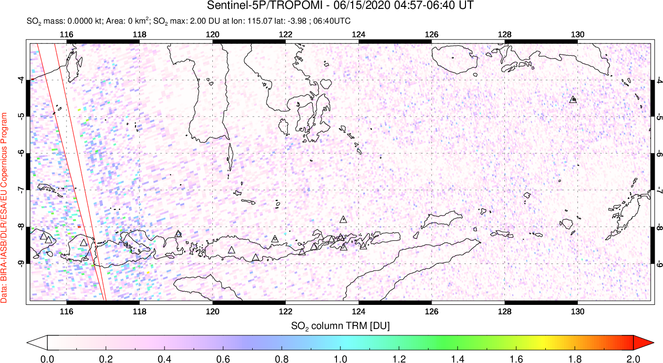 A sulfur dioxide image over Lesser Sunda Islands, Indonesia on Jun 15, 2020.
