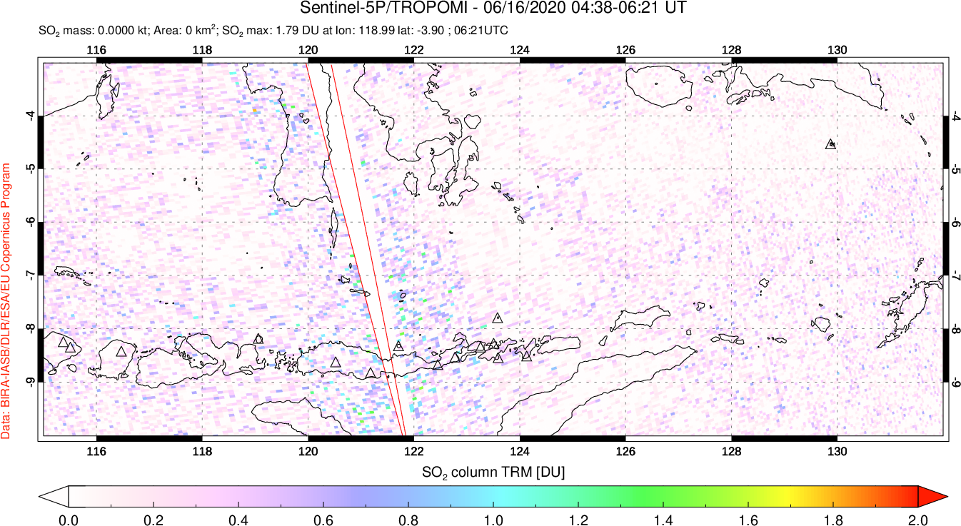 A sulfur dioxide image over Lesser Sunda Islands, Indonesia on Jun 16, 2020.