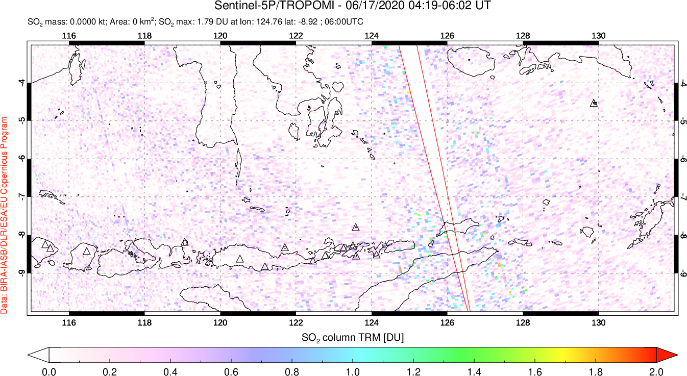A sulfur dioxide image over Lesser Sunda Islands, Indonesia on Jun 17, 2020.