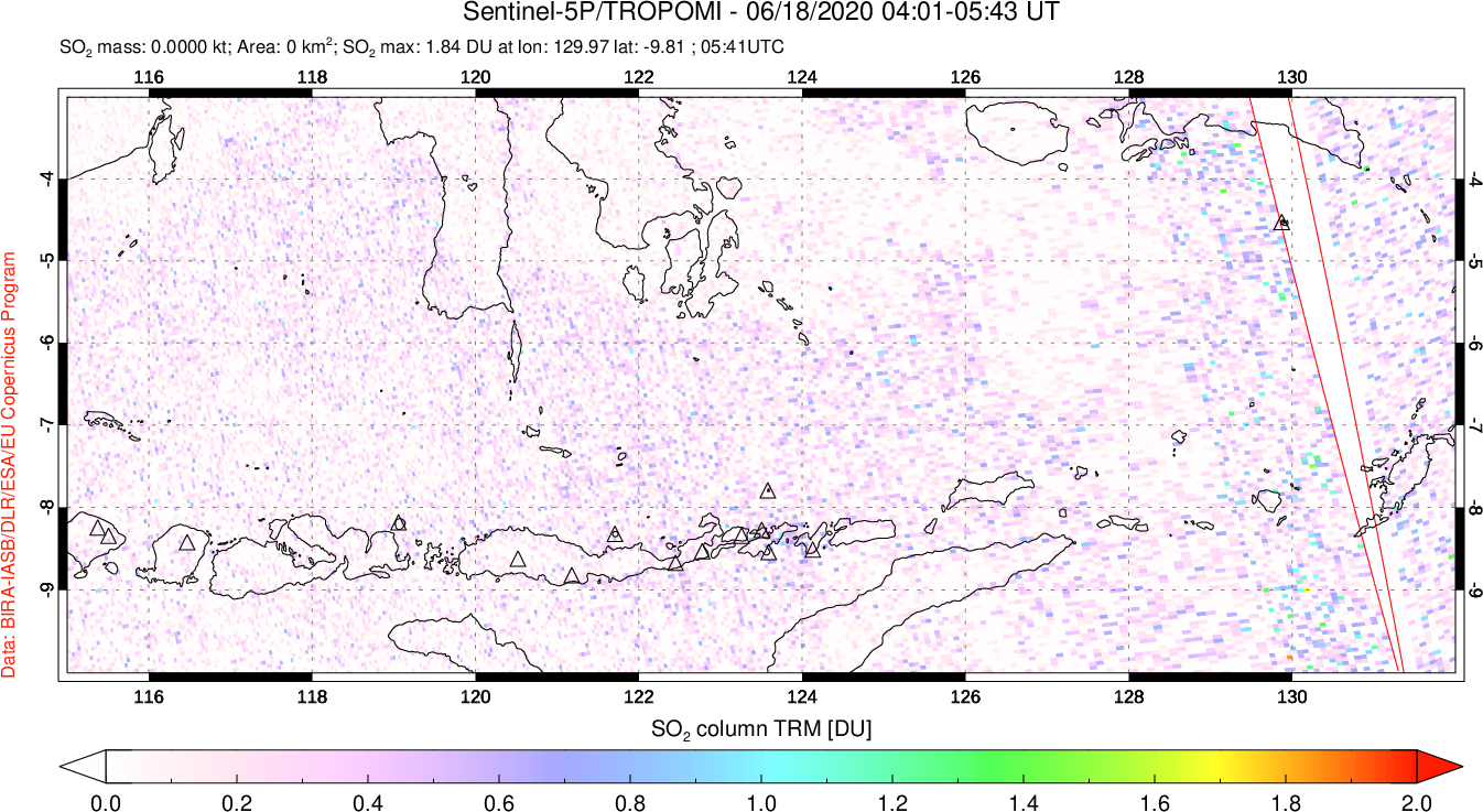 A sulfur dioxide image over Lesser Sunda Islands, Indonesia on Jun 18, 2020.