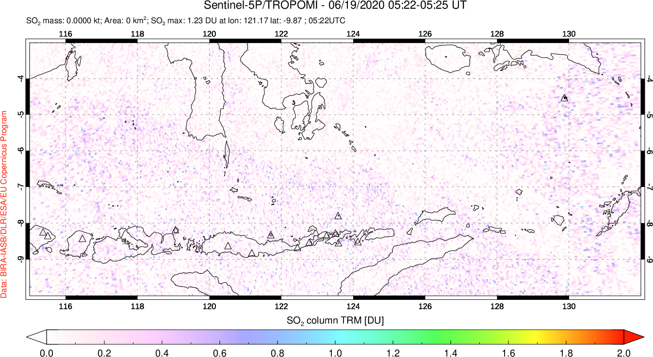 A sulfur dioxide image over Lesser Sunda Islands, Indonesia on Jun 19, 2020.