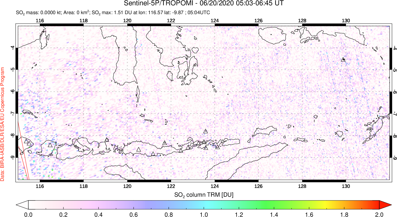 A sulfur dioxide image over Lesser Sunda Islands, Indonesia on Jun 20, 2020.