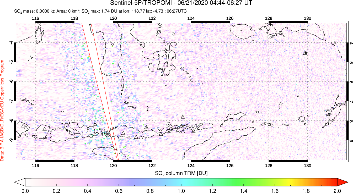 A sulfur dioxide image over Lesser Sunda Islands, Indonesia on Jun 21, 2020.