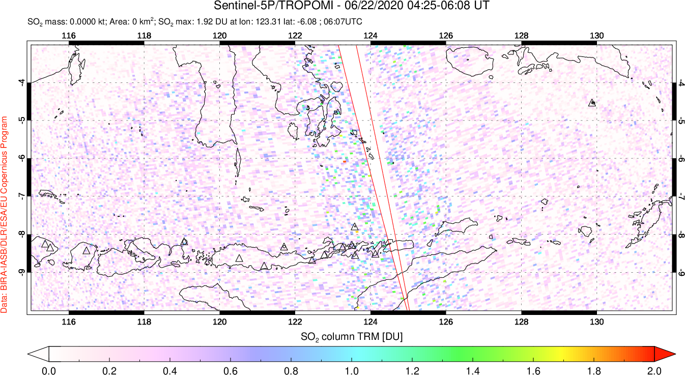 A sulfur dioxide image over Lesser Sunda Islands, Indonesia on Jun 22, 2020.