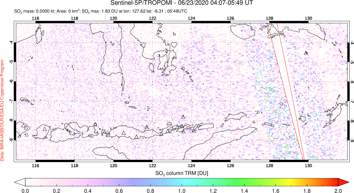 A sulfur dioxide image over Lesser Sunda Islands, Indonesia on Jun 23, 2020.