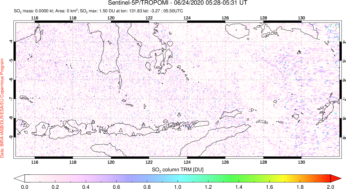 A sulfur dioxide image over Lesser Sunda Islands, Indonesia on Jun 24, 2020.
