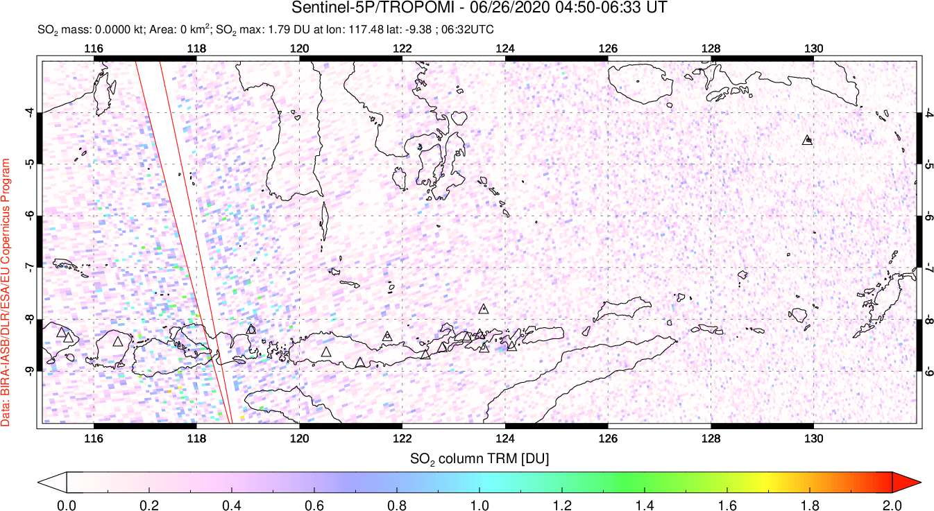 A sulfur dioxide image over Lesser Sunda Islands, Indonesia on Jun 26, 2020.