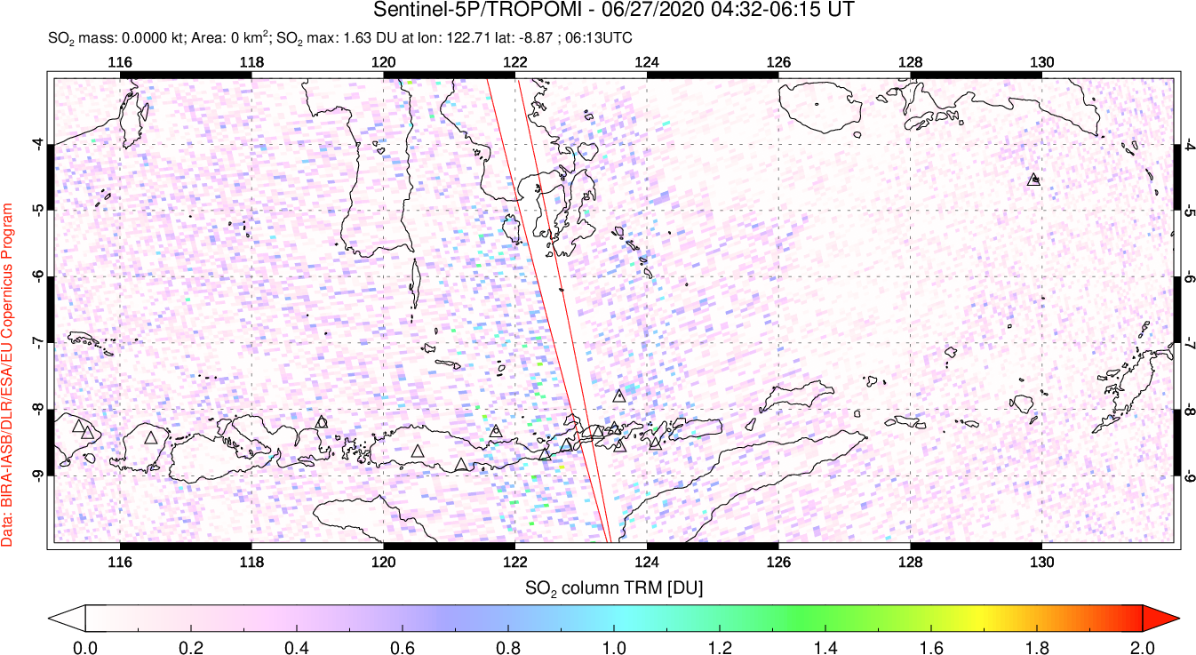 A sulfur dioxide image over Lesser Sunda Islands, Indonesia on Jun 27, 2020.