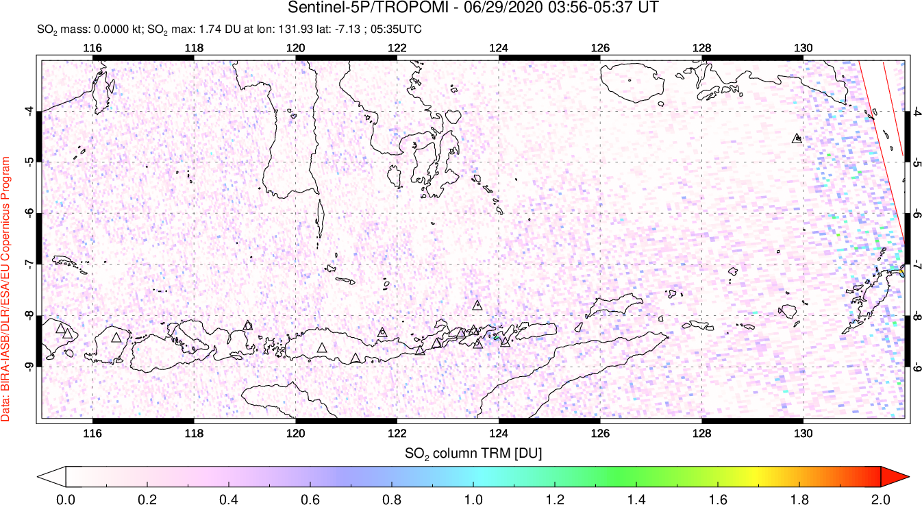 A sulfur dioxide image over Lesser Sunda Islands, Indonesia on Jun 29, 2020.