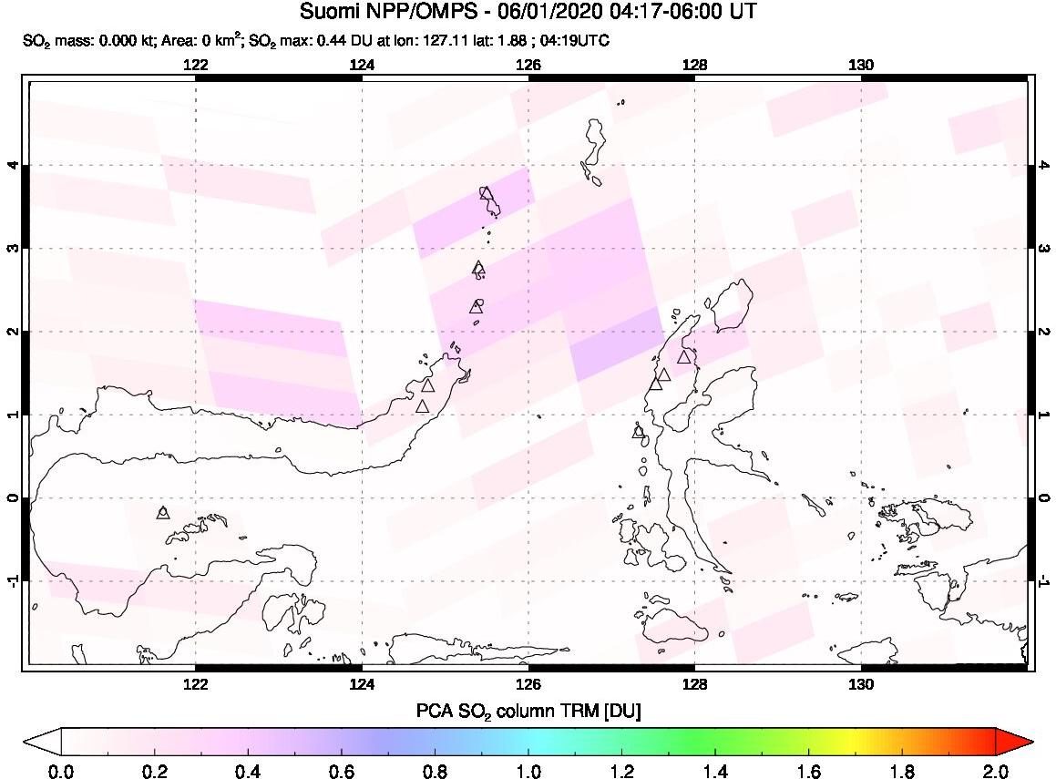 A sulfur dioxide image over Northern Sulawesi & Halmahera, Indonesia on Jun 01, 2020.
