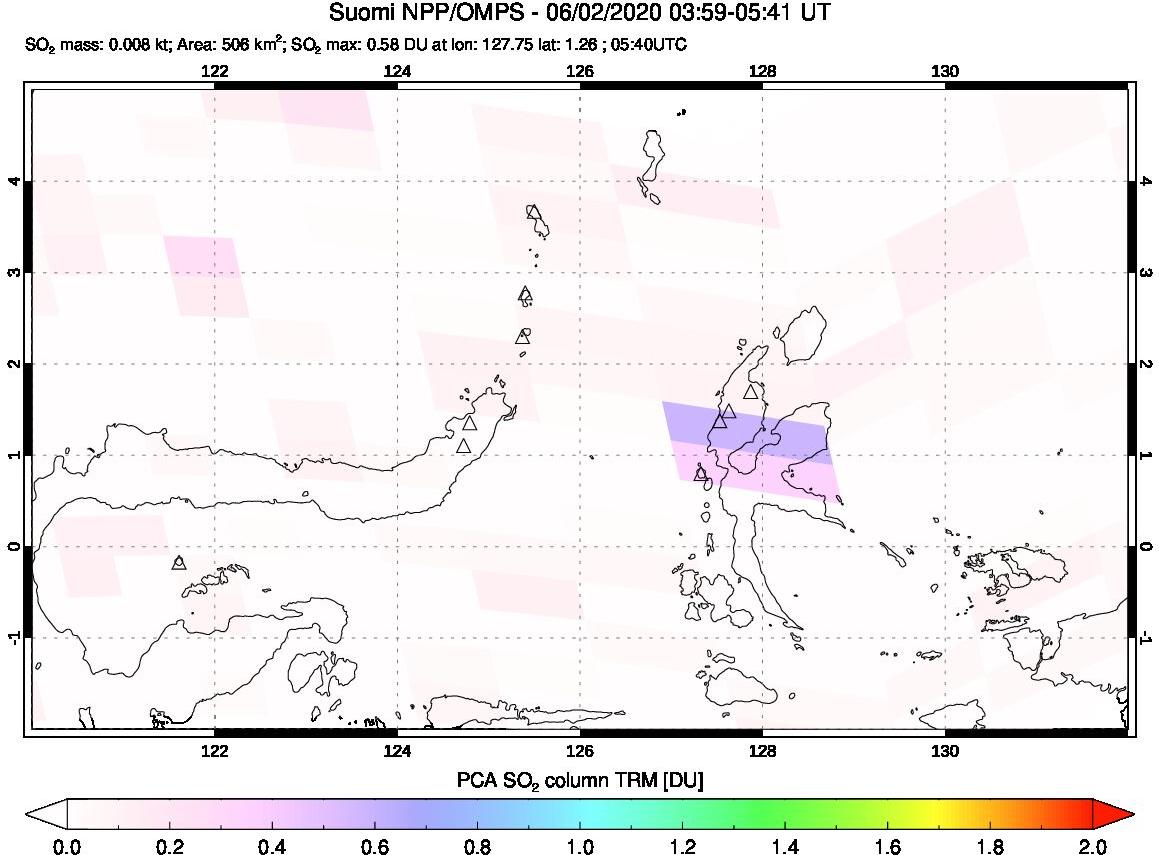 A sulfur dioxide image over Northern Sulawesi & Halmahera, Indonesia on Jun 02, 2020.