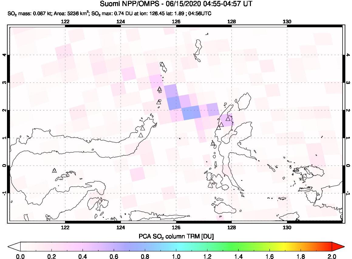 A sulfur dioxide image over Northern Sulawesi & Halmahera, Indonesia on Jun 15, 2020.