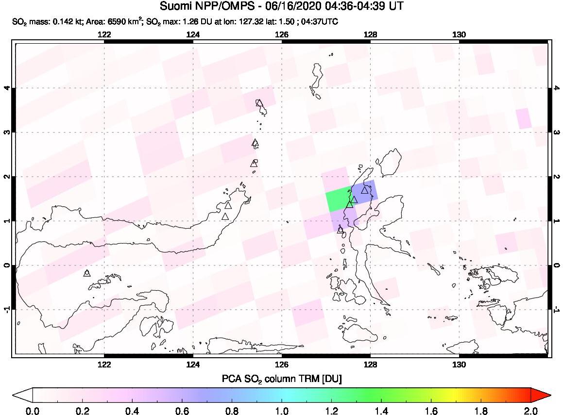 A sulfur dioxide image over Northern Sulawesi & Halmahera, Indonesia on Jun 16, 2020.