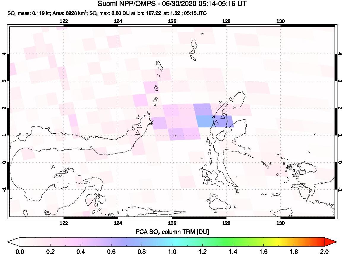 A sulfur dioxide image over Northern Sulawesi & Halmahera, Indonesia on Jun 30, 2020.