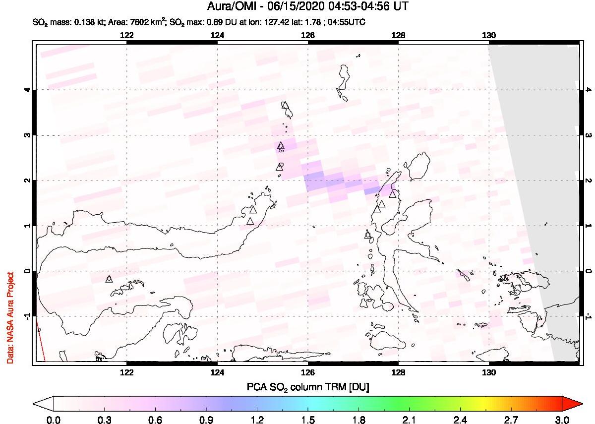 A sulfur dioxide image over Northern Sulawesi & Halmahera, Indonesia on Jun 15, 2020.