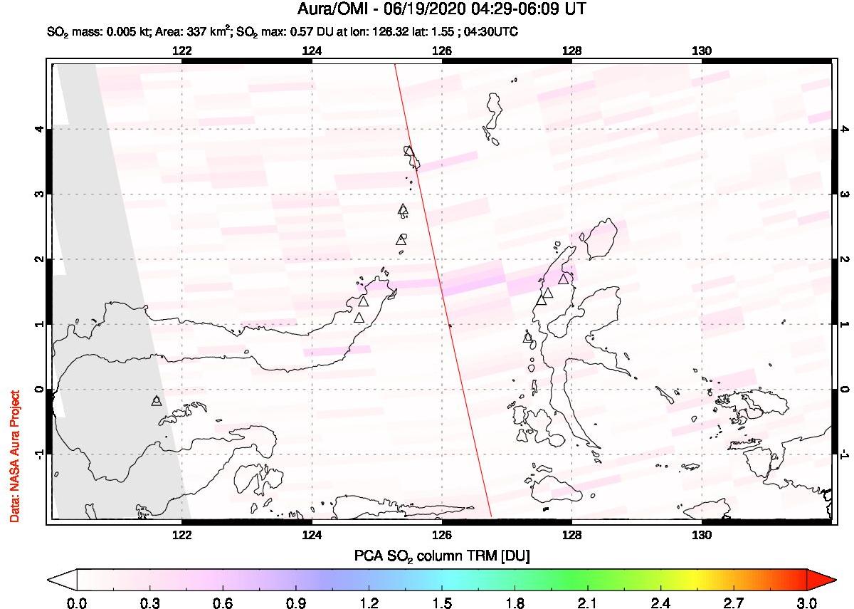 A sulfur dioxide image over Northern Sulawesi & Halmahera, Indonesia on Jun 19, 2020.