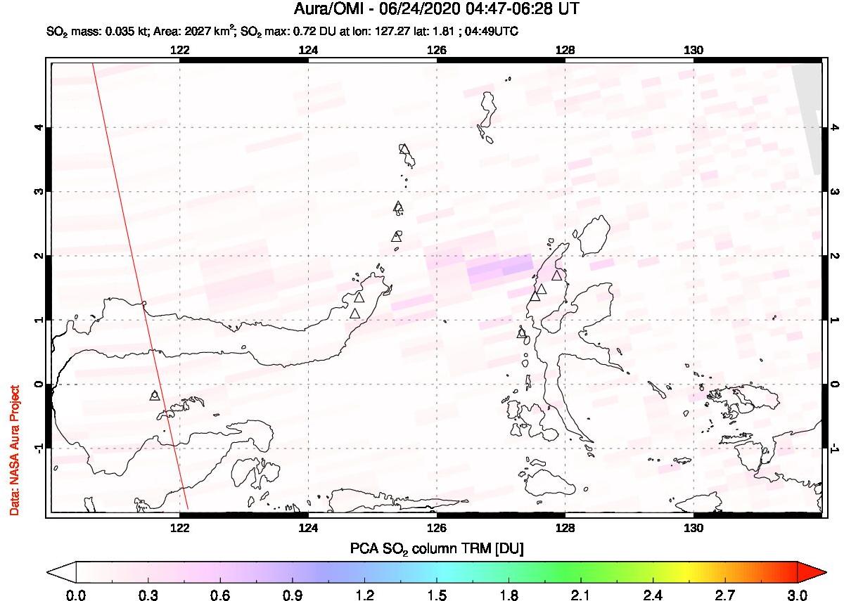 A sulfur dioxide image over Northern Sulawesi & Halmahera, Indonesia on Jun 24, 2020.