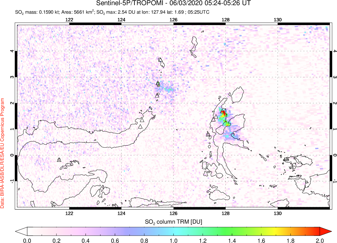A sulfur dioxide image over Northern Sulawesi & Halmahera, Indonesia on Jun 03, 2020.
