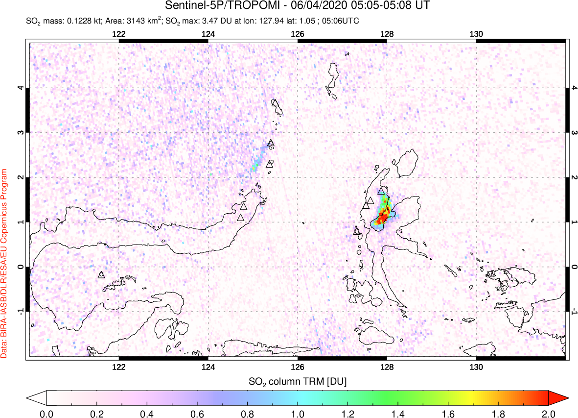A sulfur dioxide image over Northern Sulawesi & Halmahera, Indonesia on Jun 04, 2020.
