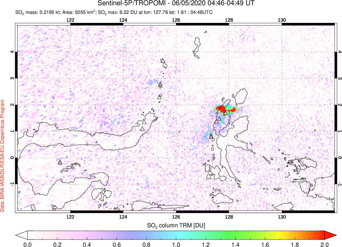 A sulfur dioxide image over Northern Sulawesi & Halmahera, Indonesia on Jun 05, 2020.