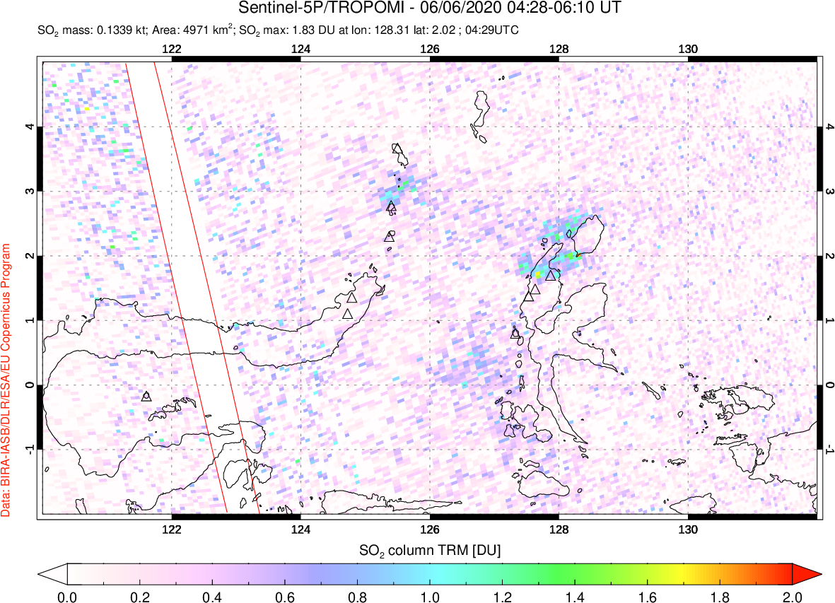 A sulfur dioxide image over Northern Sulawesi & Halmahera, Indonesia on Jun 06, 2020.
