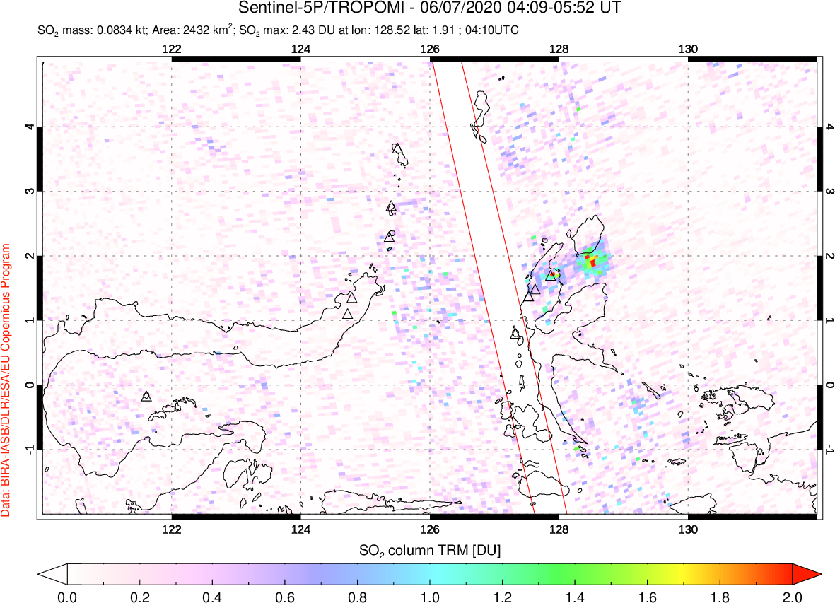 A sulfur dioxide image over Northern Sulawesi & Halmahera, Indonesia on Jun 07, 2020.