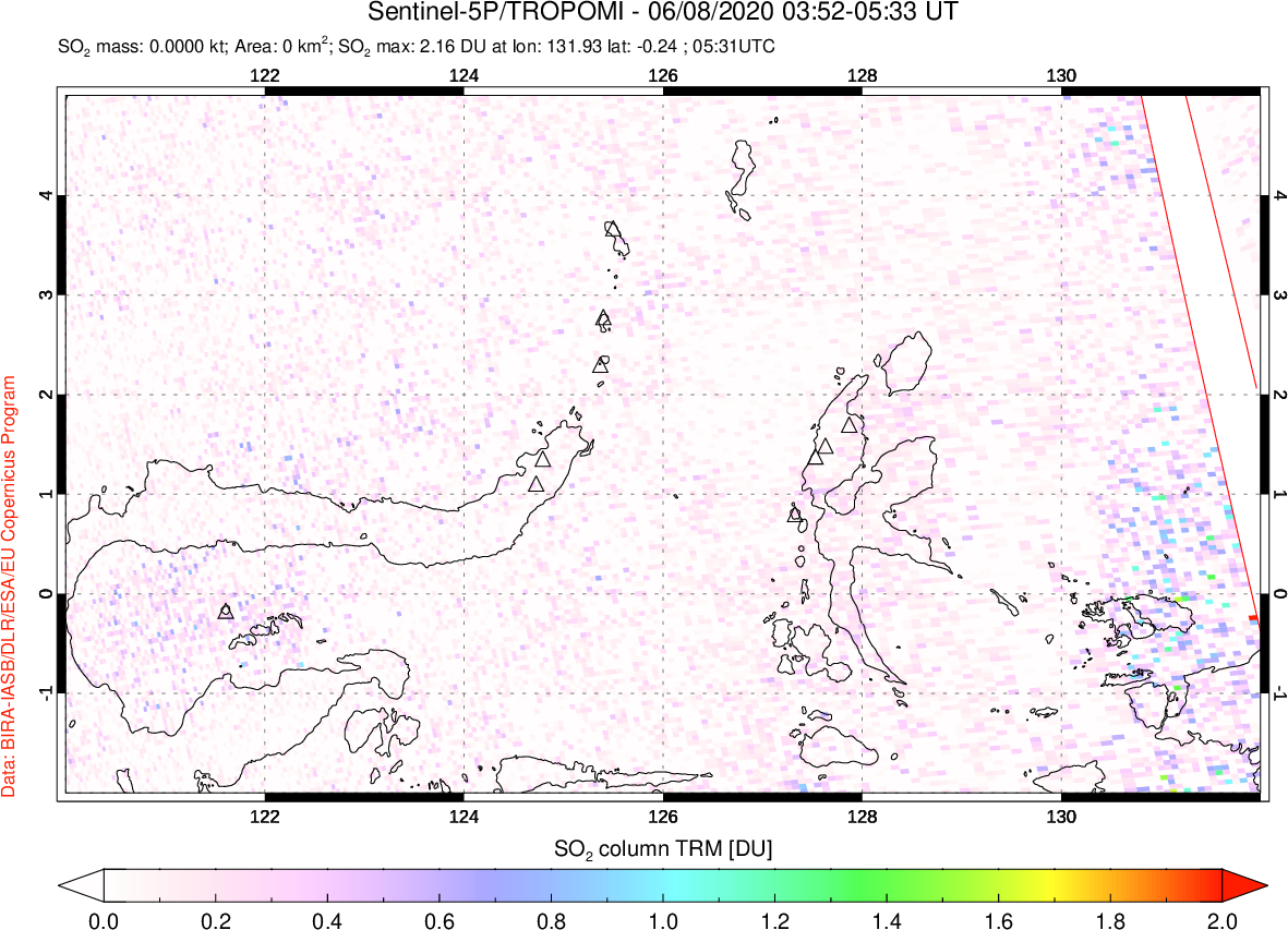 A sulfur dioxide image over Northern Sulawesi & Halmahera, Indonesia on Jun 08, 2020.