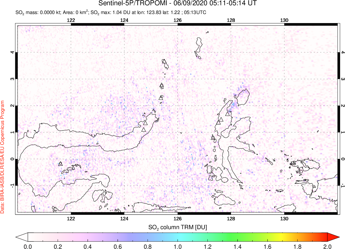 A sulfur dioxide image over Northern Sulawesi & Halmahera, Indonesia on Jun 09, 2020.